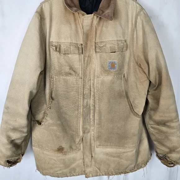 Vintage Carhartt Thrashed Worn In Faded Arctic Duck Canvas Chore Coat - Picture 12 of 16
